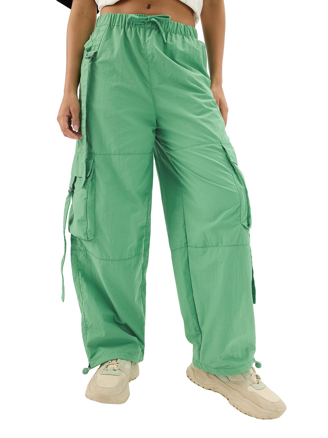 The Souled Store Kelly Green Women & Girls Drawstring Toggle Leg Closure Solid Nylon Parachute Pants