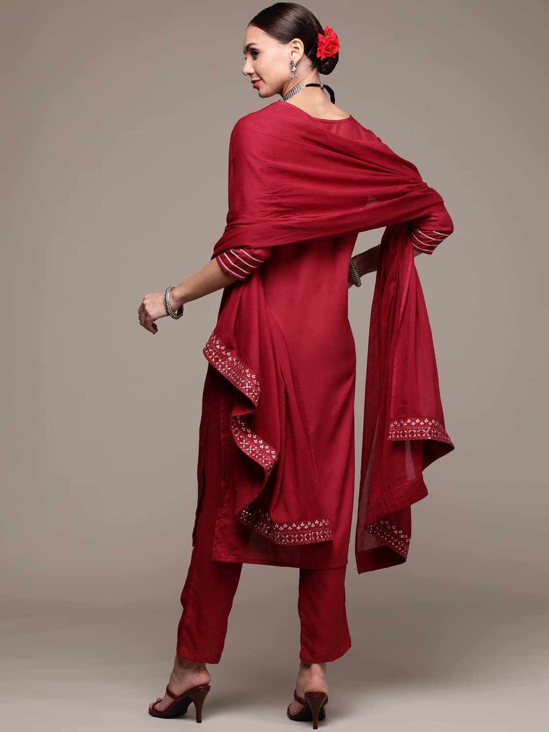 anubhutee Women's Rayon Maroon Floral Embroidered Straight Kurta Suit Set With Pants And Dupatta