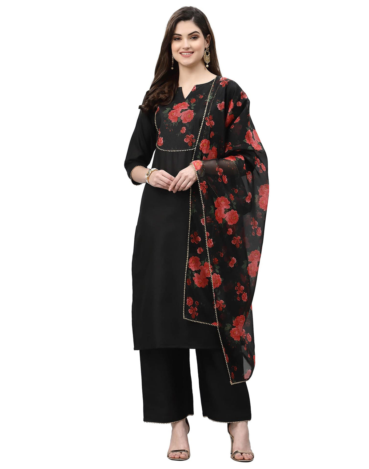Sanisa Organza Womens Hira Slub/Orgenza Digital Straight Kurta Set with Dupatta (4KBDN135-XL_Black)
