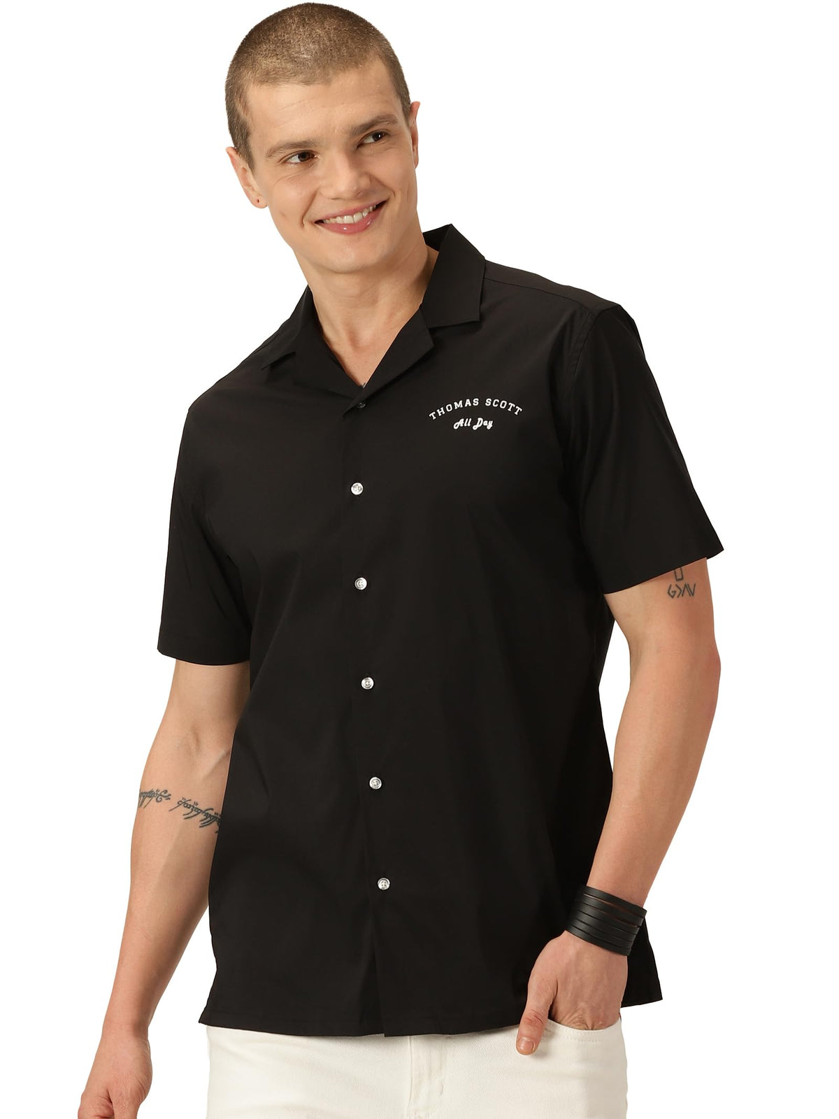 Thomas Scott Classic Slim Fit Cuban Collar Casual Shirt Black