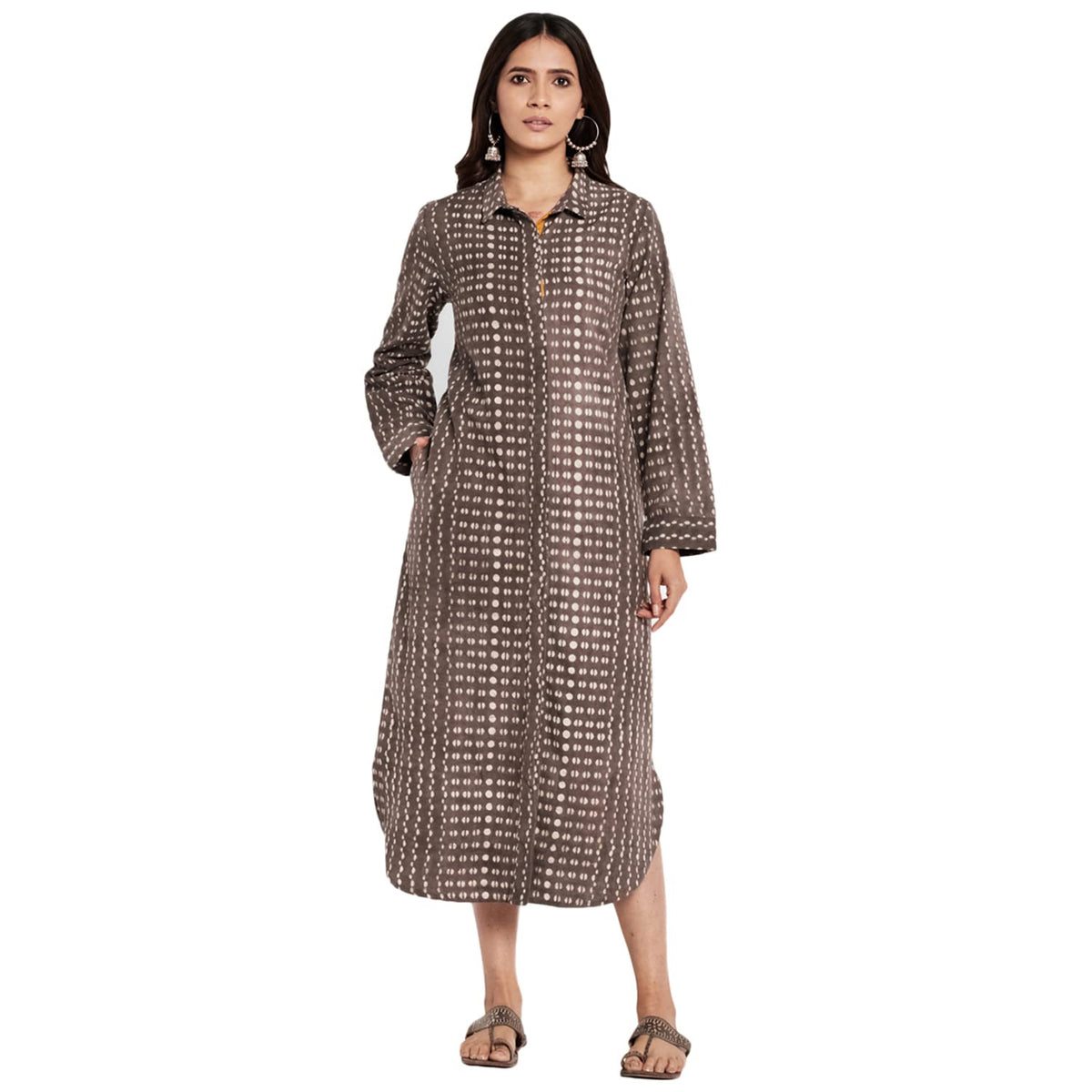 Fabindia WomenS Cotton Linen Ankle Length Dress Light Grey_M