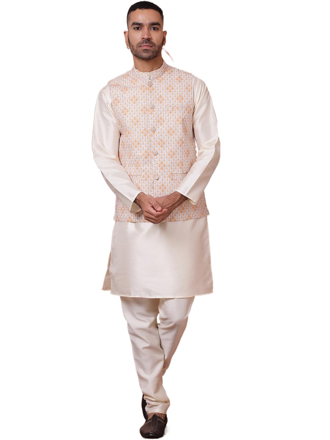 Jompers Mens Sequins And Printed Nehru Jacket With Solid Kurta Pyjama Set