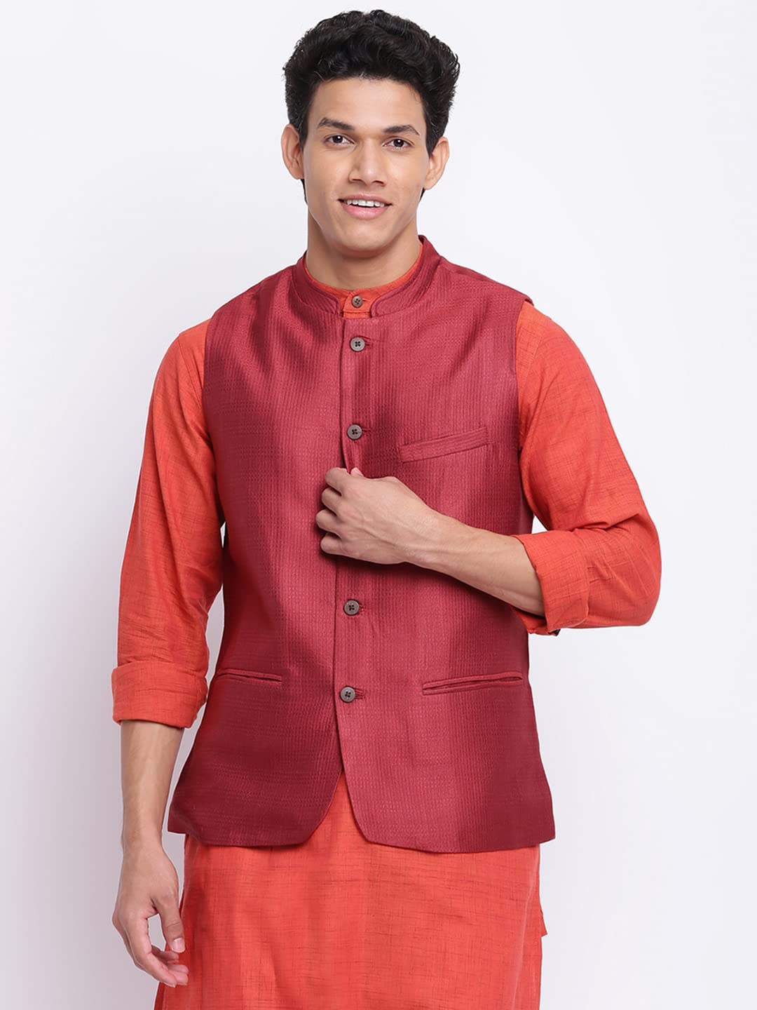 Fabindia Men Viscose Silk Dobby Vest Maroon_XS