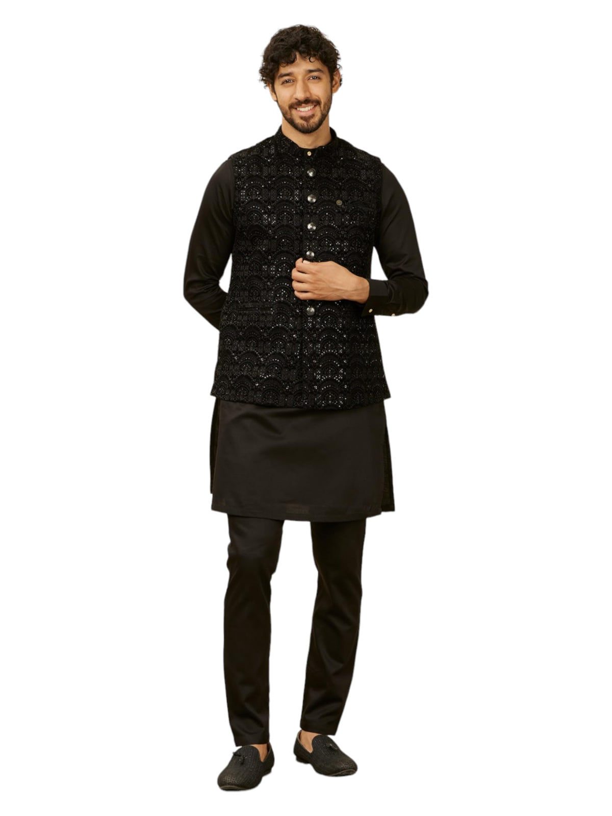 Manyavar Black Velvet Embroidery|Sequin Work Jackets For Men