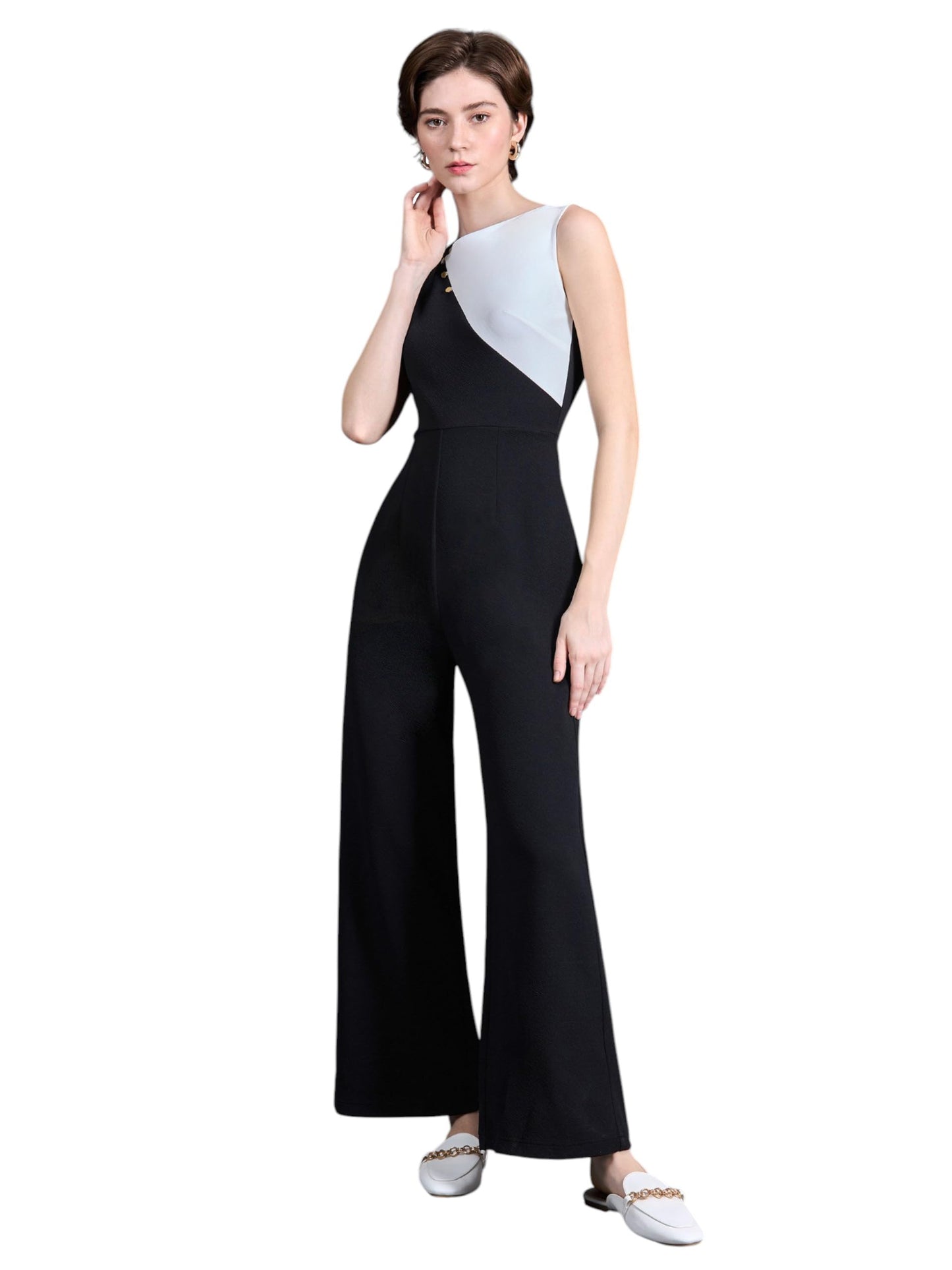 Miss Chase Womens Sleeveless Polyknitted Regular Length Jumpsuit (MCAW24D94-93-173-02, Off-White & Black, XS)