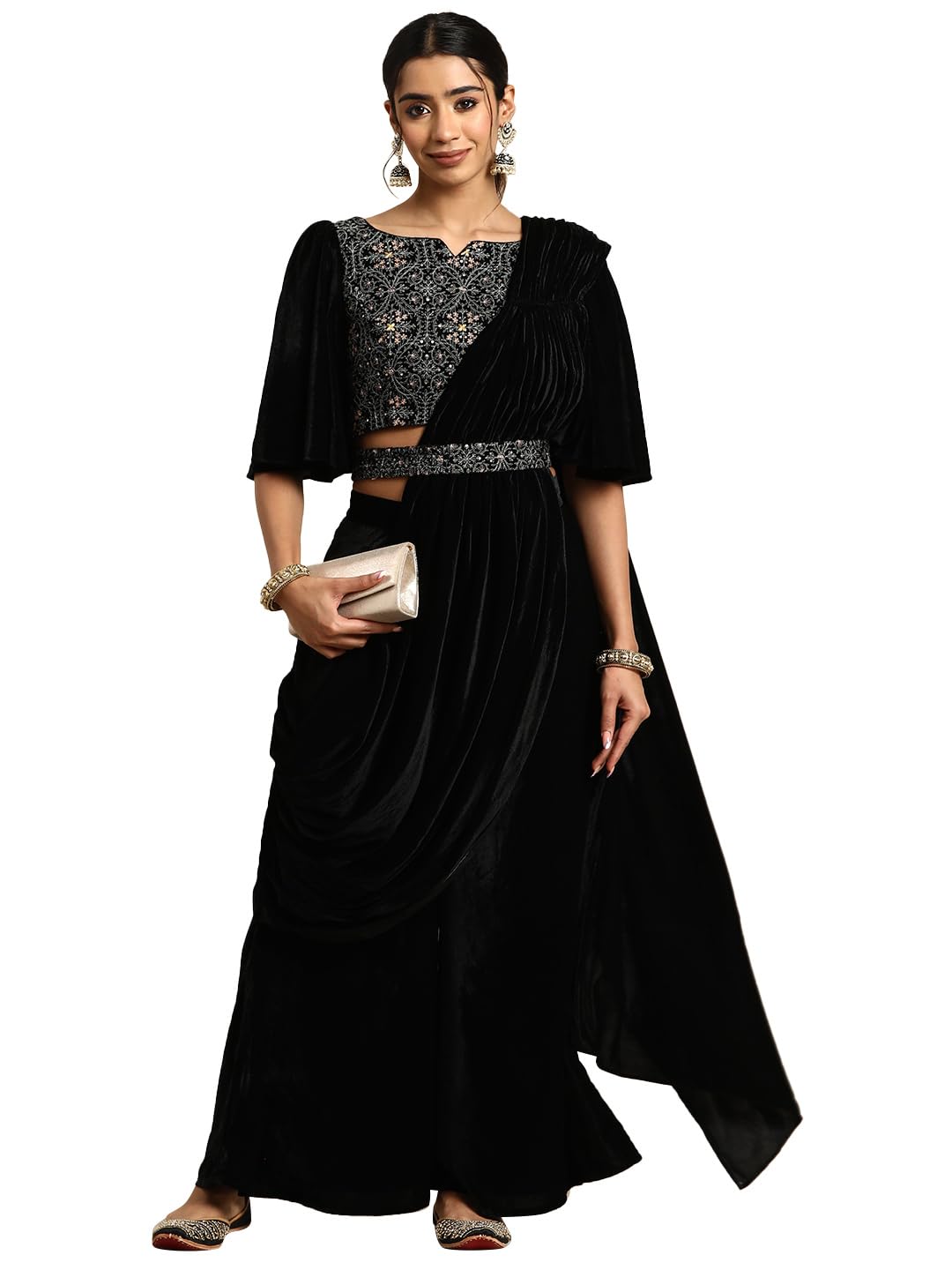Libas WomenS Velvet Saree (34767_Black)