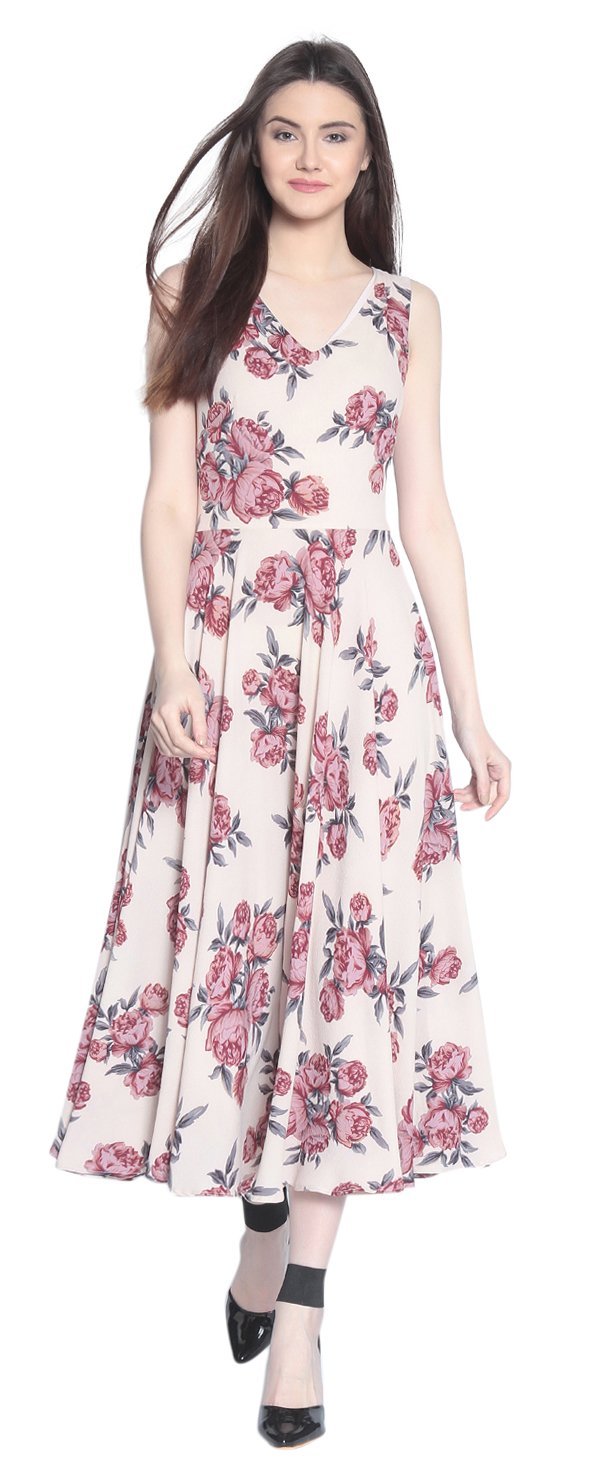Rare Women'S Synthetic A-Line Knee-Long Dress (Ep3149B-L_Beige_L)