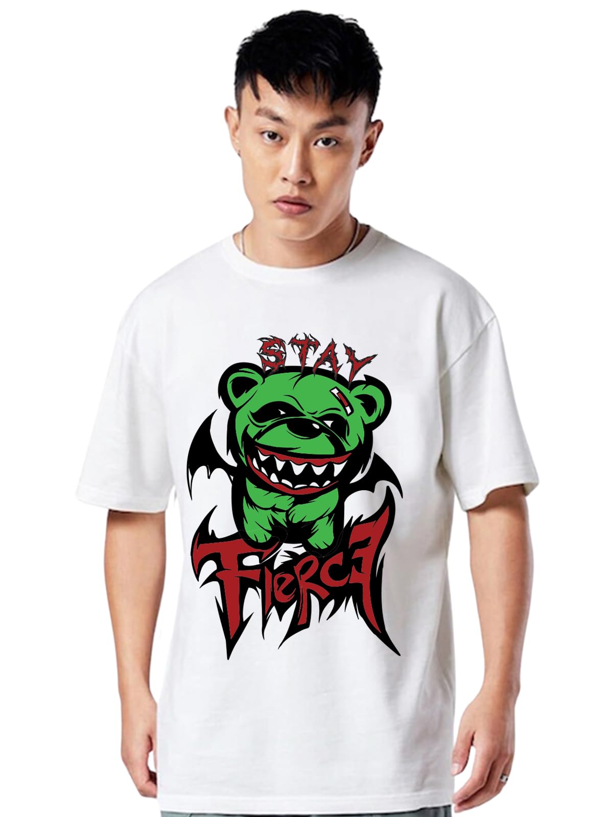 Veirdo Mens Cotton Oversized Baggy Fit Stay Firce Graphic Printed T-Shirt
