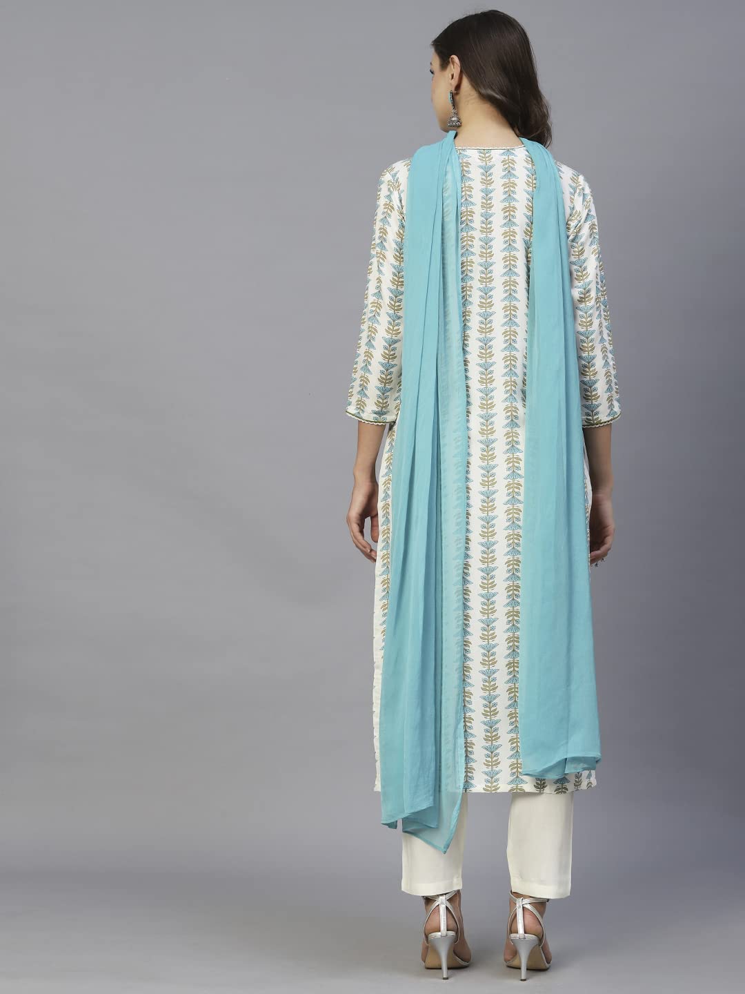 GoSriKi Women's Cotton Blend Straight Printed Kurta with Pant & Dupatta (April-Sky Blue-CGD-GS)