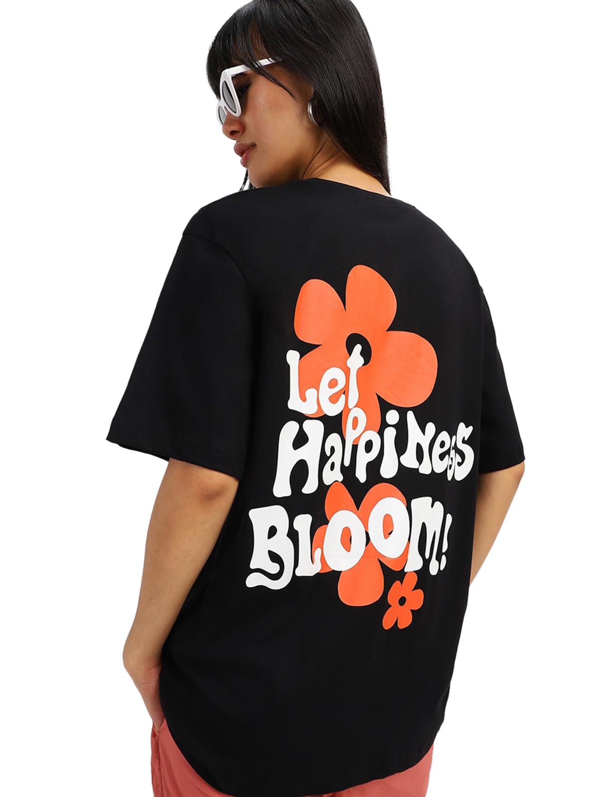 Juneberry Black Round Neck Drop Shoulder Back Graphic Printed Pure Cotton Oversized T-Shirt For Women/Girls (Gl_Os_Lthpnsblm_Bk_