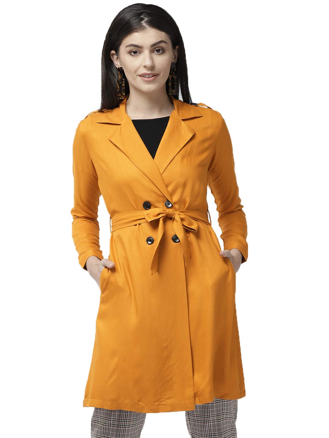 Style Quotient Women Solid Mustard Yellow viscose rayon smart casual TrenchCoat