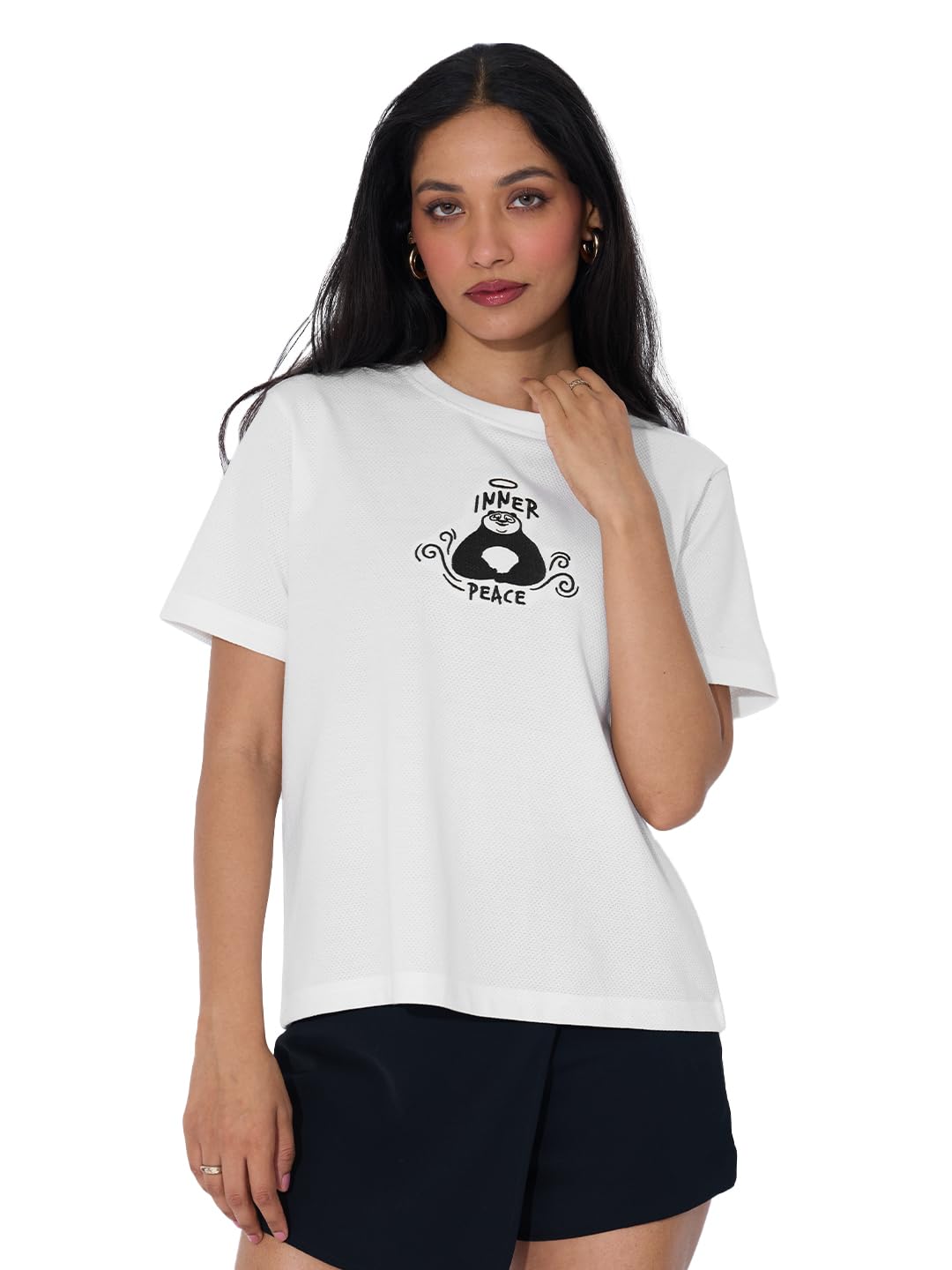 The Souled Store Textured T-Shirt: Kung Fu Panda Peace Women and Girls Short Sleeves Round Neck White Embroidered Cotton Relaxed