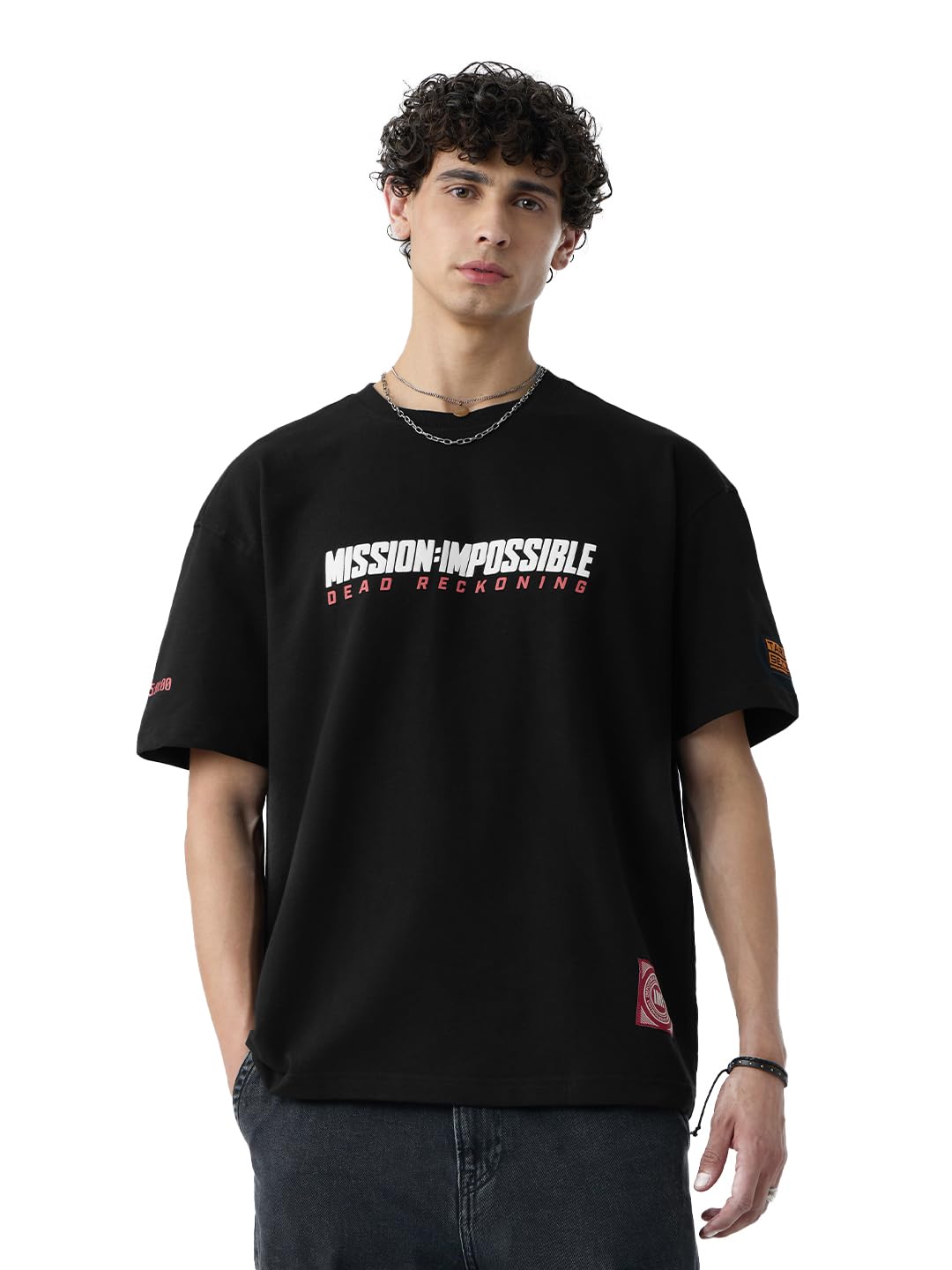 The Souled Store Mission Impossible: Ethan Hunt Men and Boys Short Sleeves Round Neck Black Graphic Printed Cotton Oversized T-S