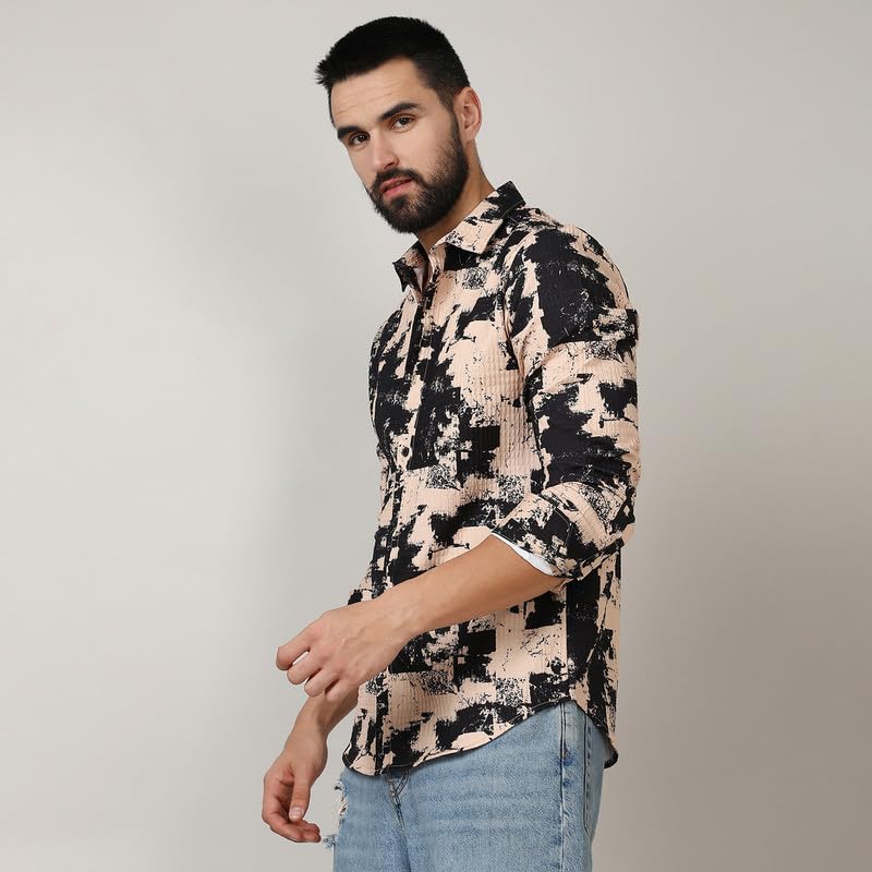 Campus Sutra Mens Beige & Black Paint Strokes Shirt for Casual Wear | Spread Collar | Long Sleeve | Button Closure | Shirt Craf