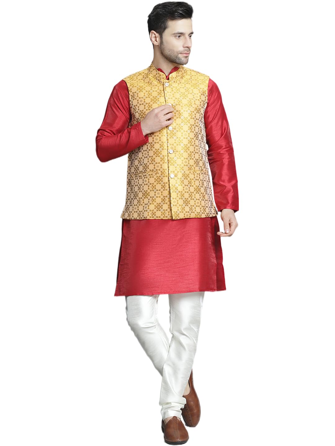 Jompers Mens Woven Design Nehru Jacket With Kurta Pyjama Set