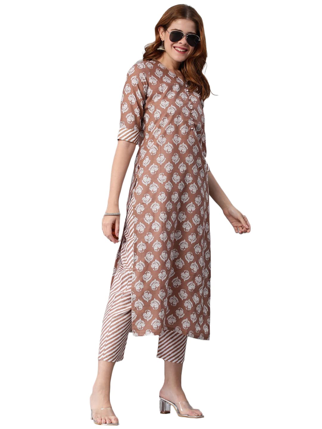 GoSriKi Womens Cotton Blend Printed Straight Kurta with Pant (Funnu Brown-Nw5-GS)