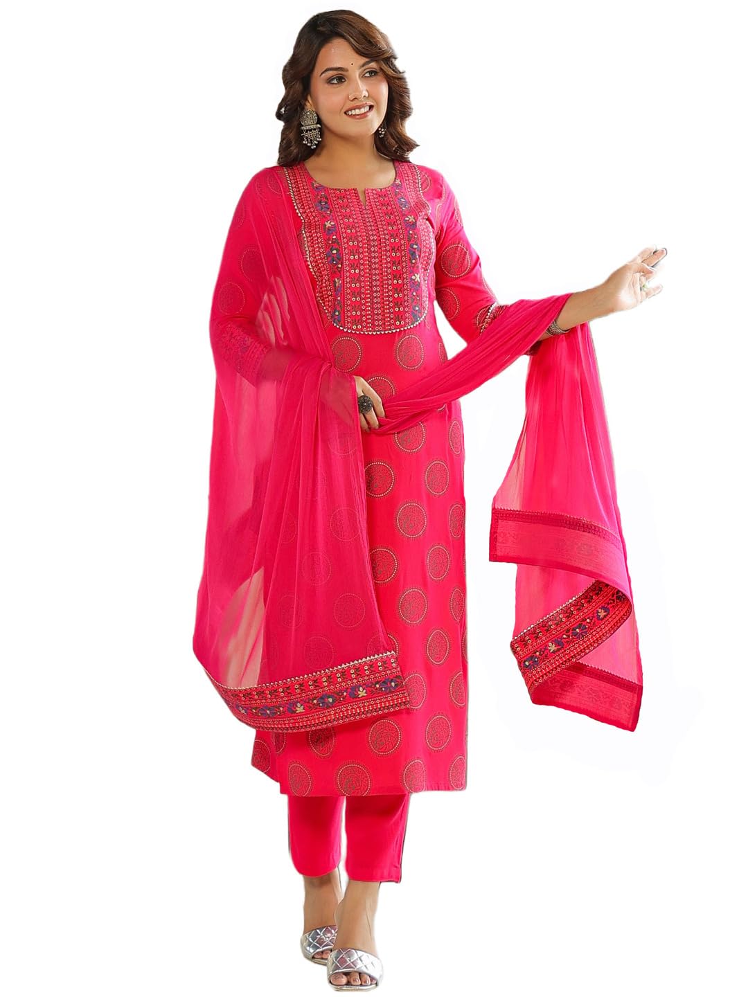 ANNI DESIGNER Ladies Cotton Blend Kurta with Trousers and Dupatta, pink, XXL