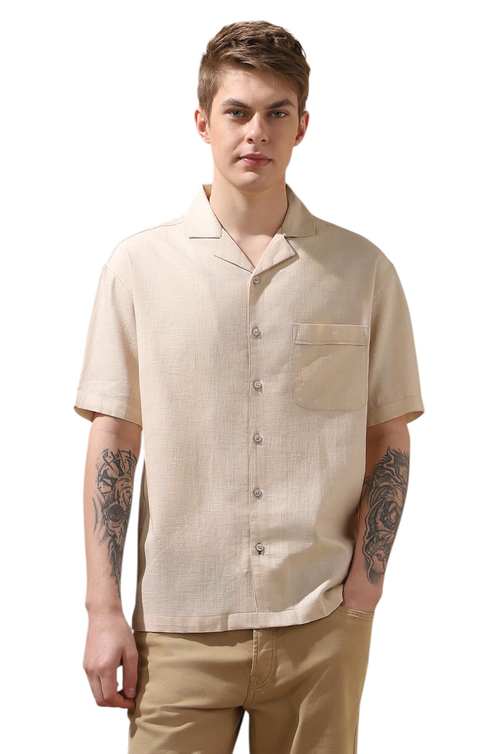 Dennis Lingo Relaxed-Fit Beige Half Sleeves Cotton Casual Shirt For Men
