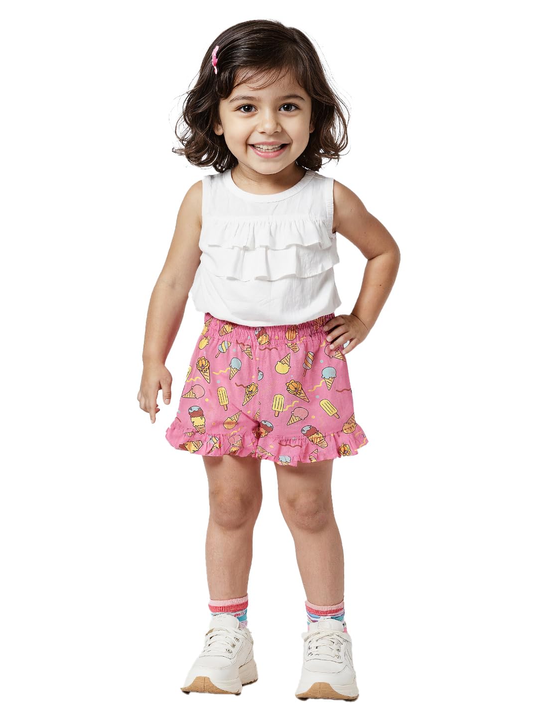The Souled Store Garfield: Chillin Girls Elastic Pink All Over Printed Above Knee Length Regular Fit Cotton Shorts (2-8 Yrs)