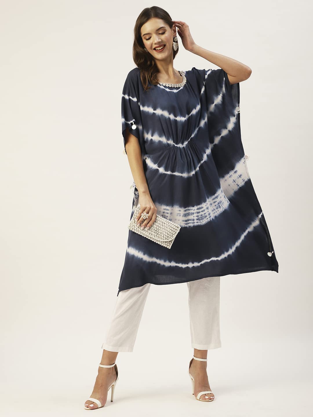 anubhutee Women's Viscose Rayon Navy Blue Tie and Dye Printed Kaftan Kurta