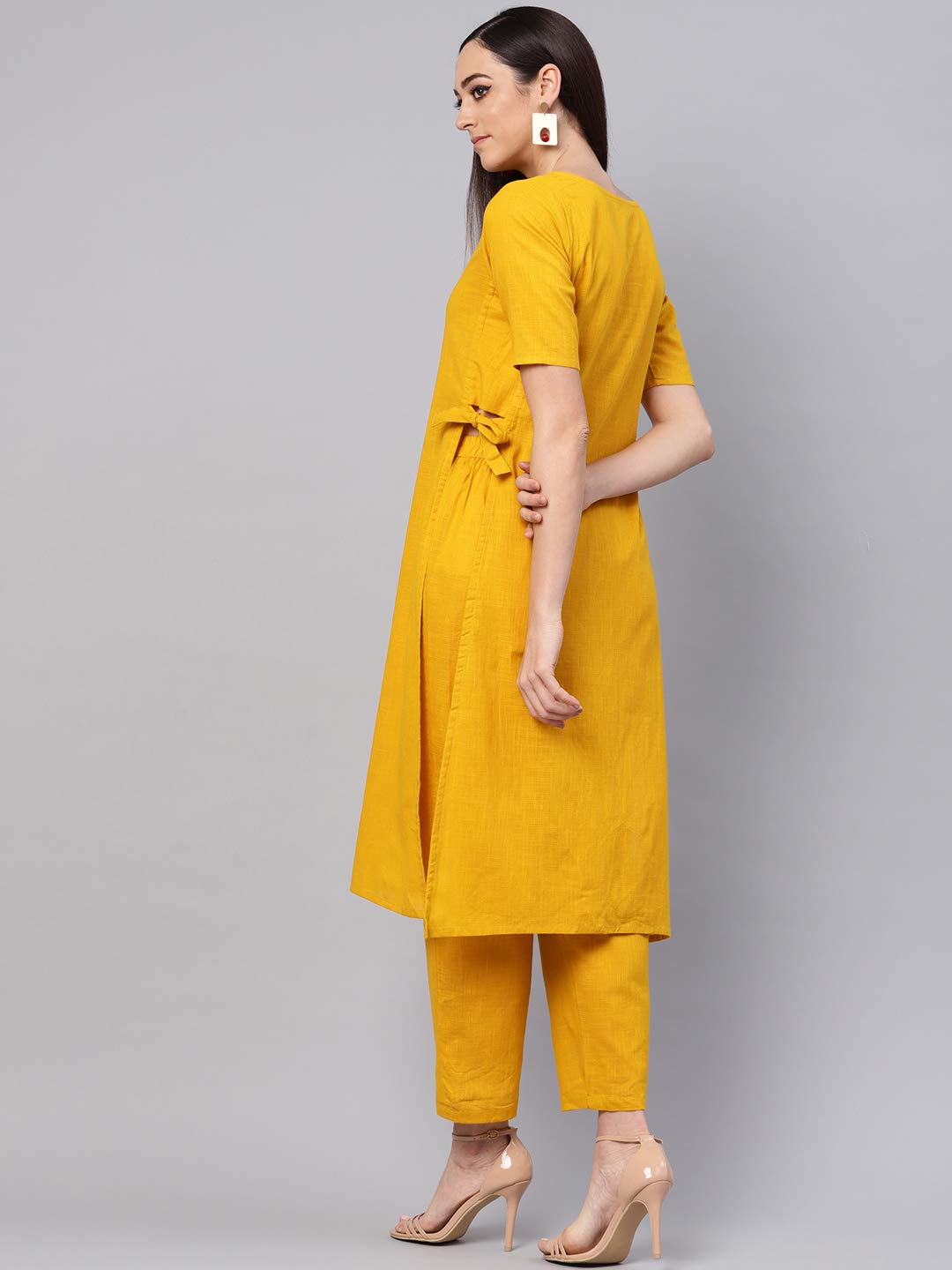 idaLia Mustard Straight Cotton Solid Kurta Set for Women Stylish Boat Neck Design Kurta Set with Pant