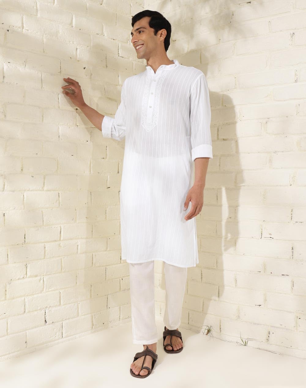 Fabindia Men's Cotton Embroidered Comfort Fit Kurta (1034511WHITE_White