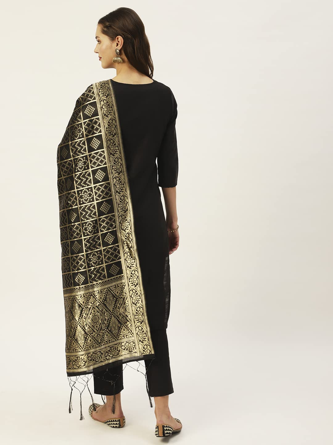ishin Womens Silk Blend Straight Yoke Design Sequinned Kurta set With Dupatta & Trouser