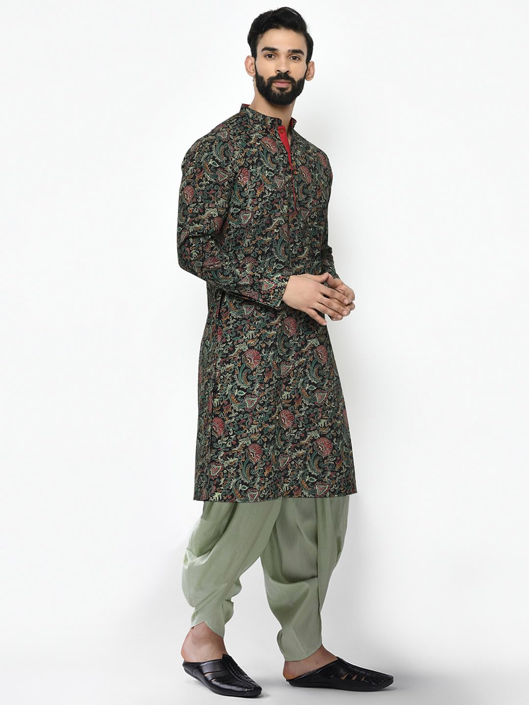 Kisah MenS Black Printed Cotton Kurta & Sage Green Dhoti Set Ethnic Indian Wear For Weddings, Festivals & Everyday Comfort