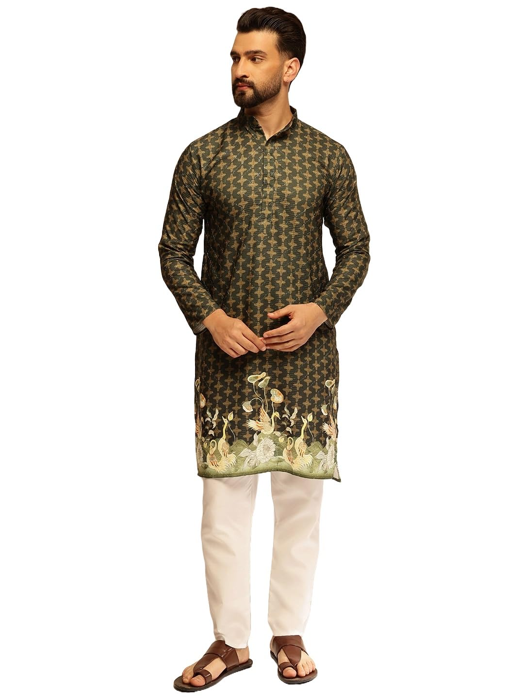 SOJANYA (Since 1958 Men's Cotton Daman Print with Krochet Embroidered Green Kurta and Pyjama