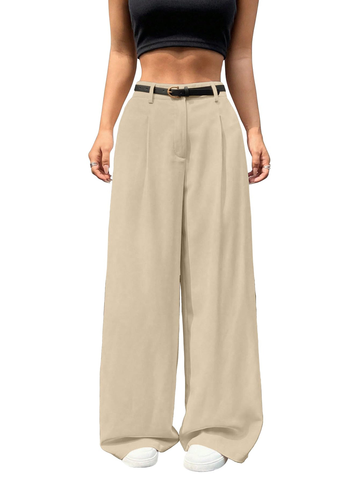 Shasmi Womens Skin Pleated High Waist Wide Leg Pants Elegant Loose Fit Black Trousers with Pockets, Casual & Office Wear Straig