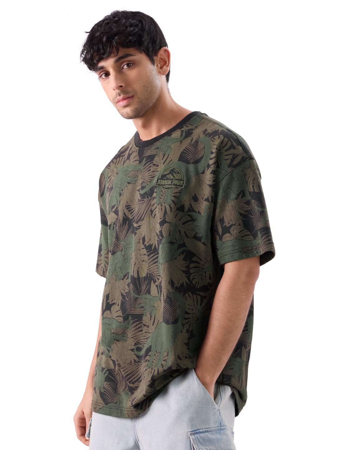 The Souled Store Official Jurassic Park: Raptor Rumble Men and Boys Short Sleeves Round Neck All Over Printed Cotton Oversized T