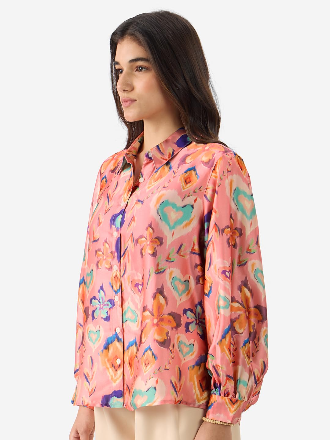 The Souled Store Floral Ink Women and Girls Stylish Comfortable Regular Fit Long Sleeve Collared Neck Button Down Pink All Over