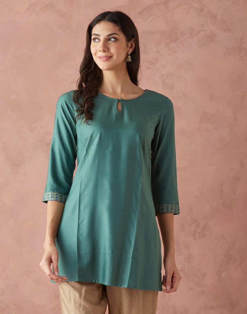 Fabindia WomenS Viscose Silk Solid Slim Fit Kurta (1038239Turquoise_Turquoise