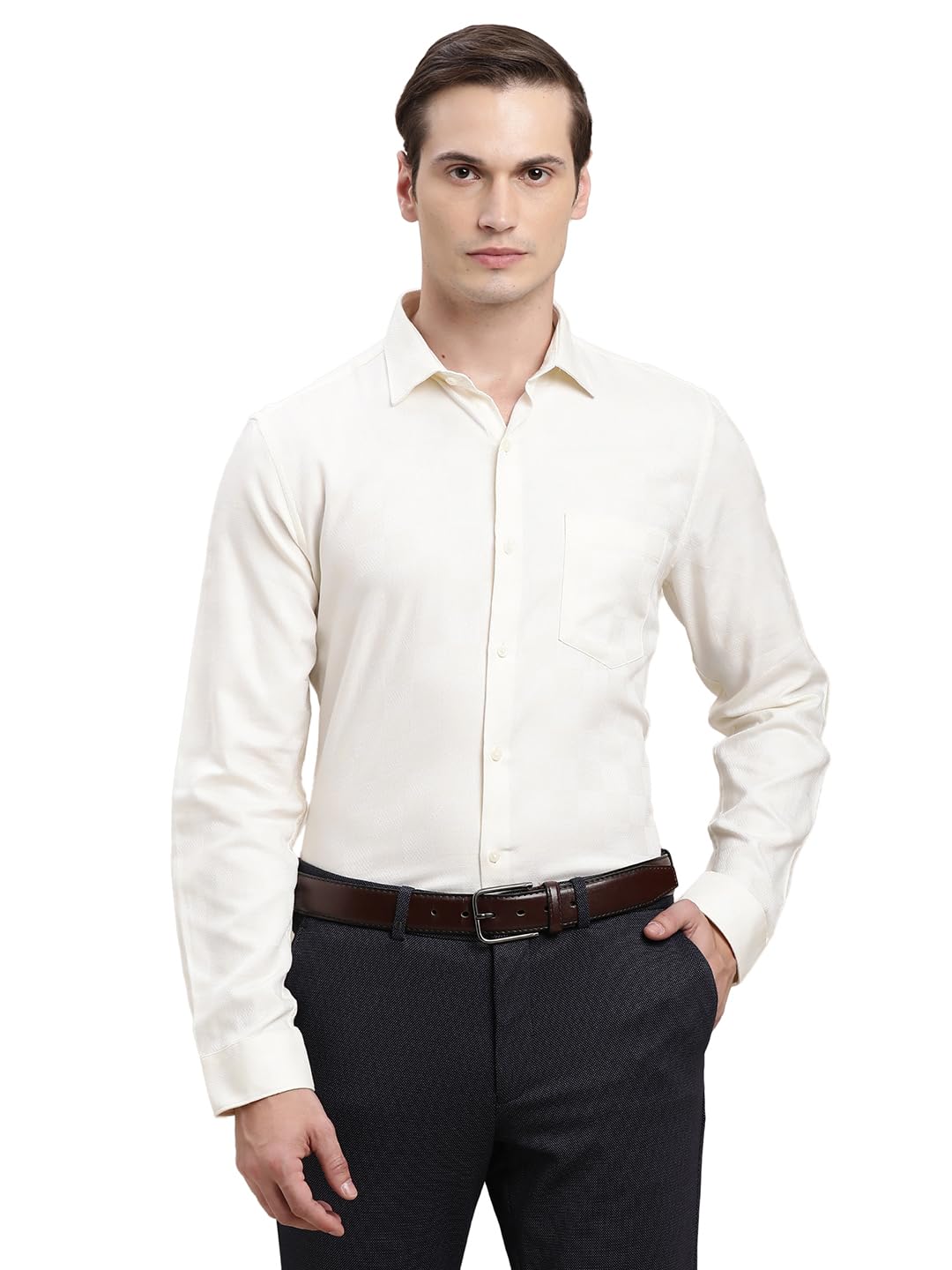 Turtle Men Cream Slim Fit Dobby Pure Cotton Formal Shirt