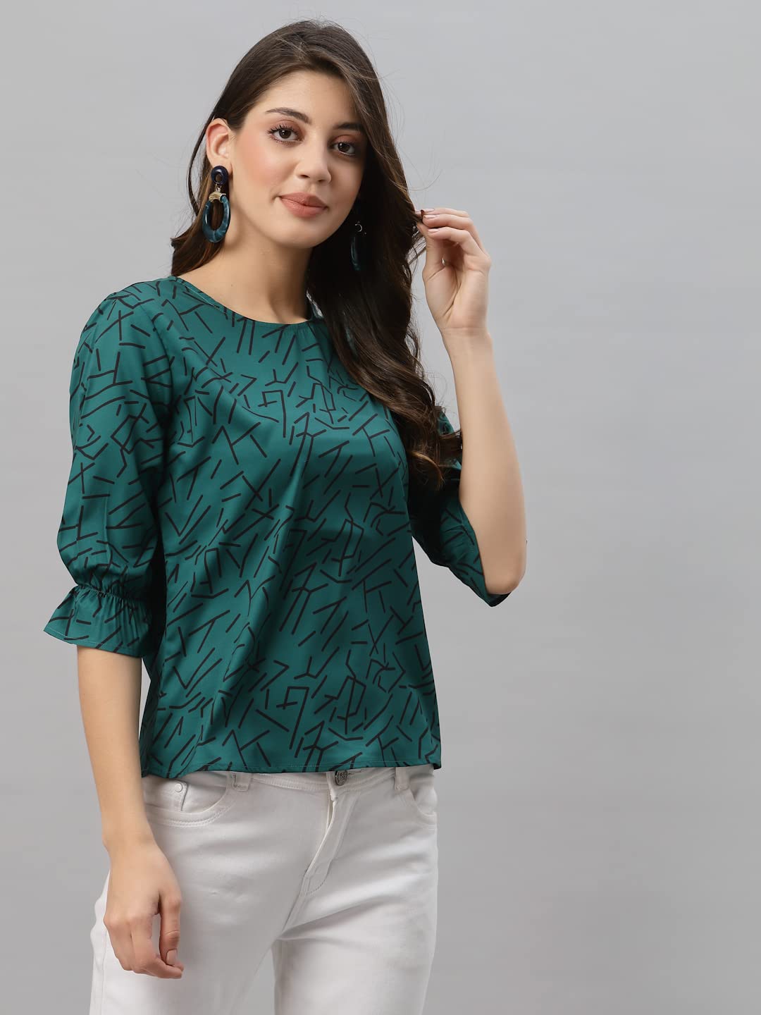 Style Quotient Women Bottle Green and Black Abstract Printed Polyester Smart Casual Top