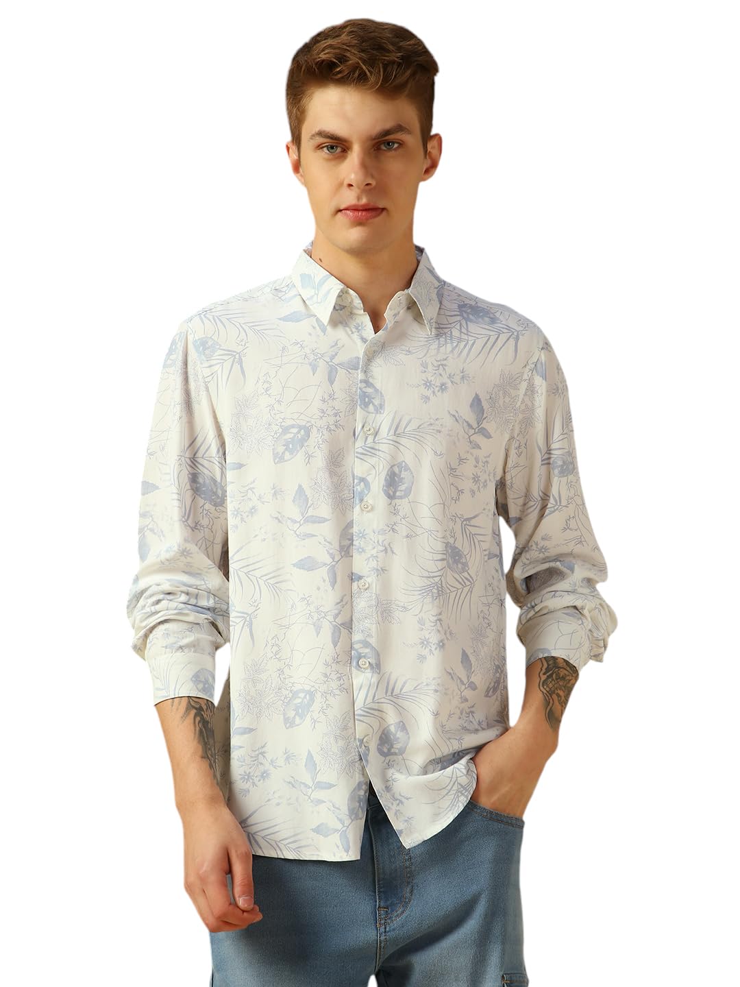 Dennis Lingo Men Printed Cotton Regular Fit Full Sleeve Shirts Blue