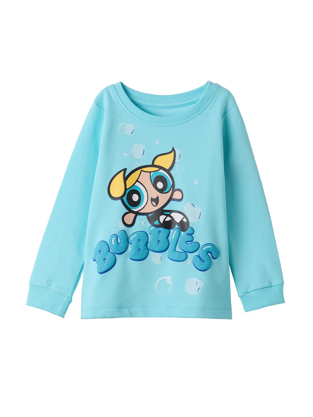 The Souled Store Official Powerpuff Girls: Girl Power Bubbles Girls Cotton Blue Graphic Print Full Sleeve T-Shirts