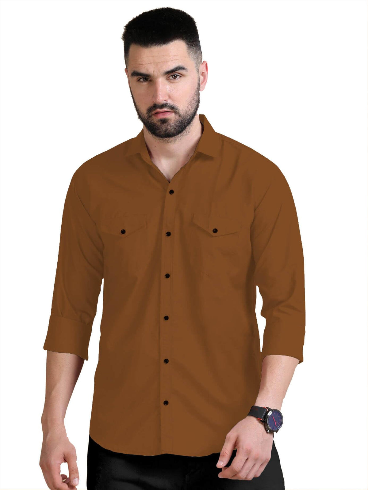 Rebelify MenS Double Pocket Shirt Classic Casual Cotton Blend With Adjustable Cuffs Brown