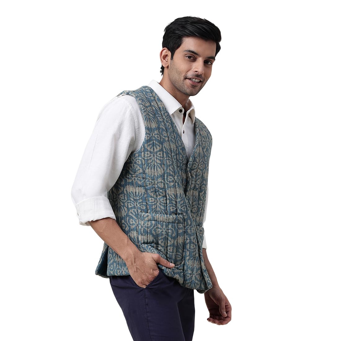 Fabindia MenS Brown Cotton Quilting Slim Fit Vest Jacket (1029707Rust- Rust-Indigo