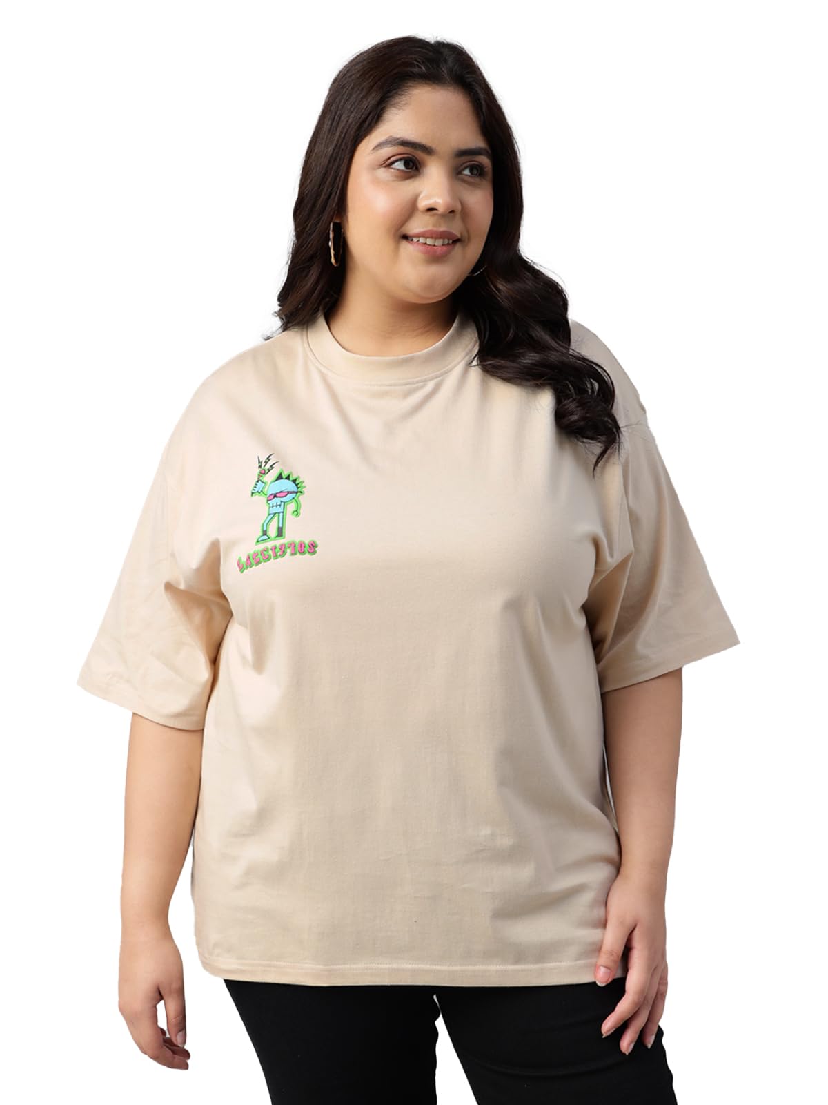 Juneberry 100% Pure Cotton Oversized Baggy Fit Funky Pocket Printed Half Sleeve Plus Size T-Shirt For Women & Girls (Jb_Ps_Lt197
