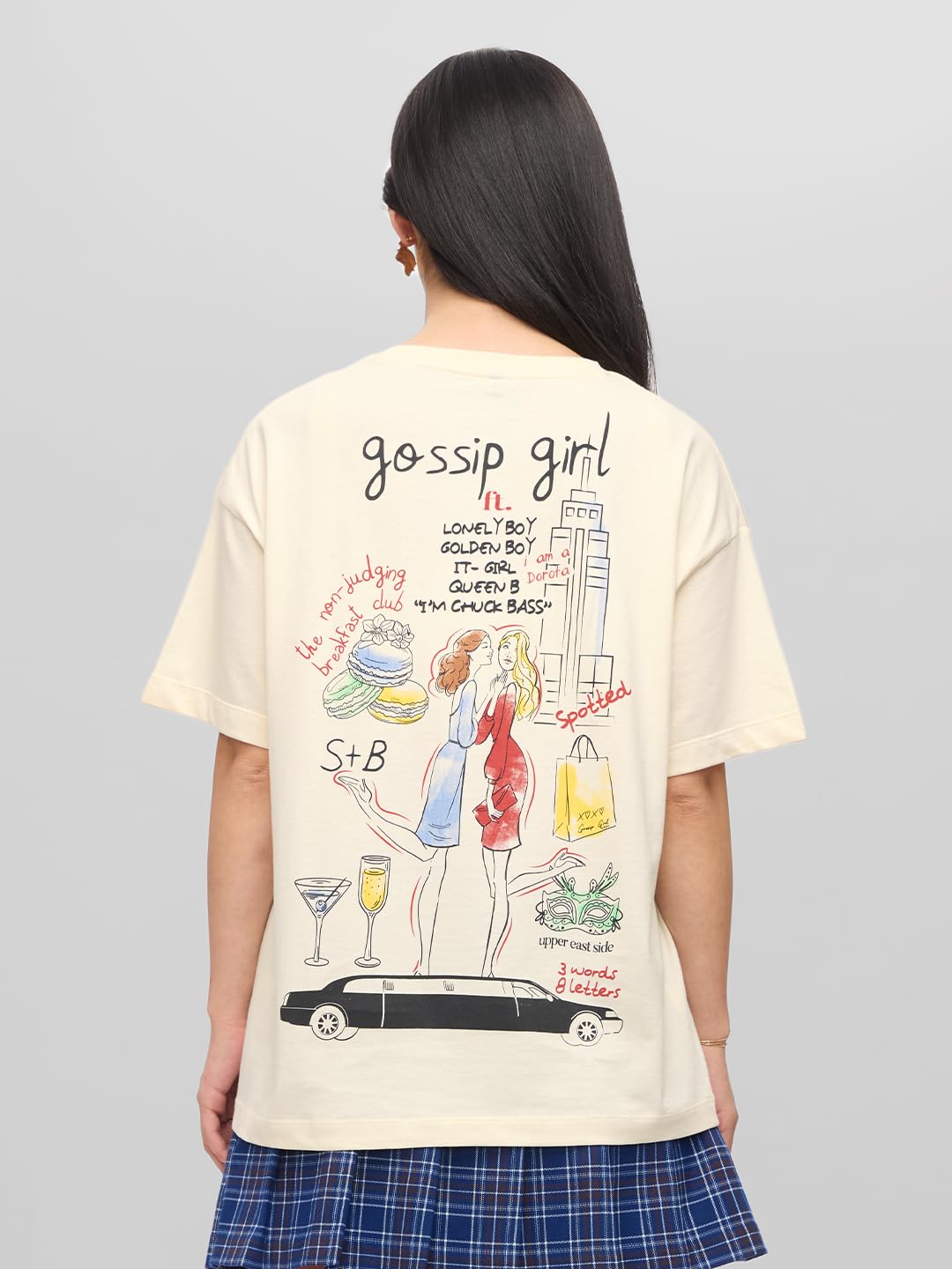 The Souled Store Gossip Girl: Doodle Women and Girls Short Sleeves Round Neck Off White Graphic Printed Cotton Oversized T-Shirt