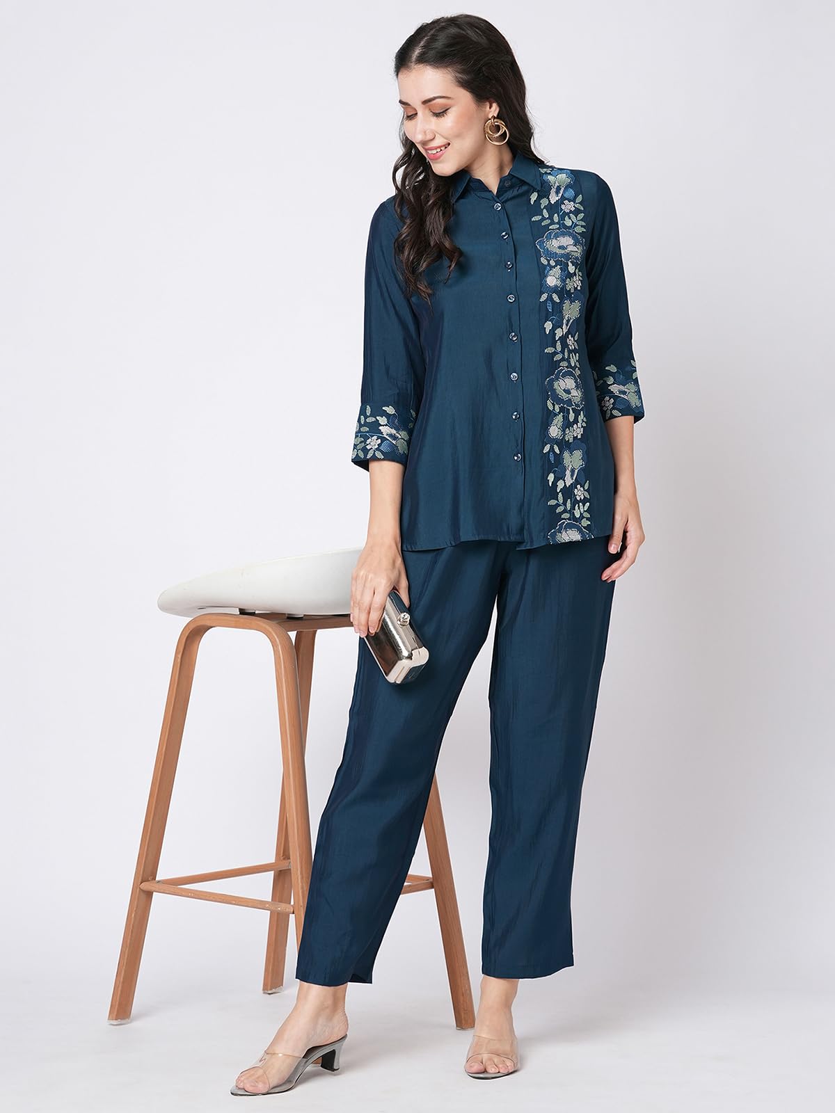 Selvia Co-ords Set for Women|Silk Blend Ethnic Shirt & Trouser Set|Ethnic Co-ords Set for Women|Sequins and Embroidery Work Two