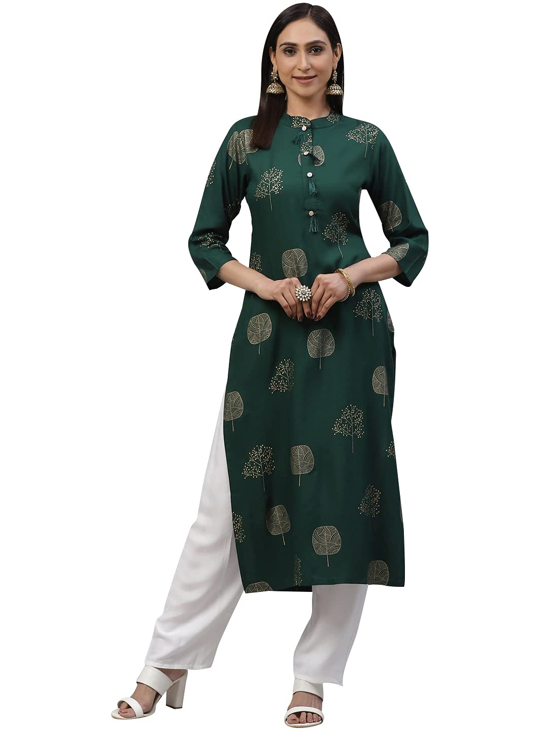 ANNI DESIGNER Womens Rayon Printed Straight Kurta with Palazzo (PAN FLOWER-02)