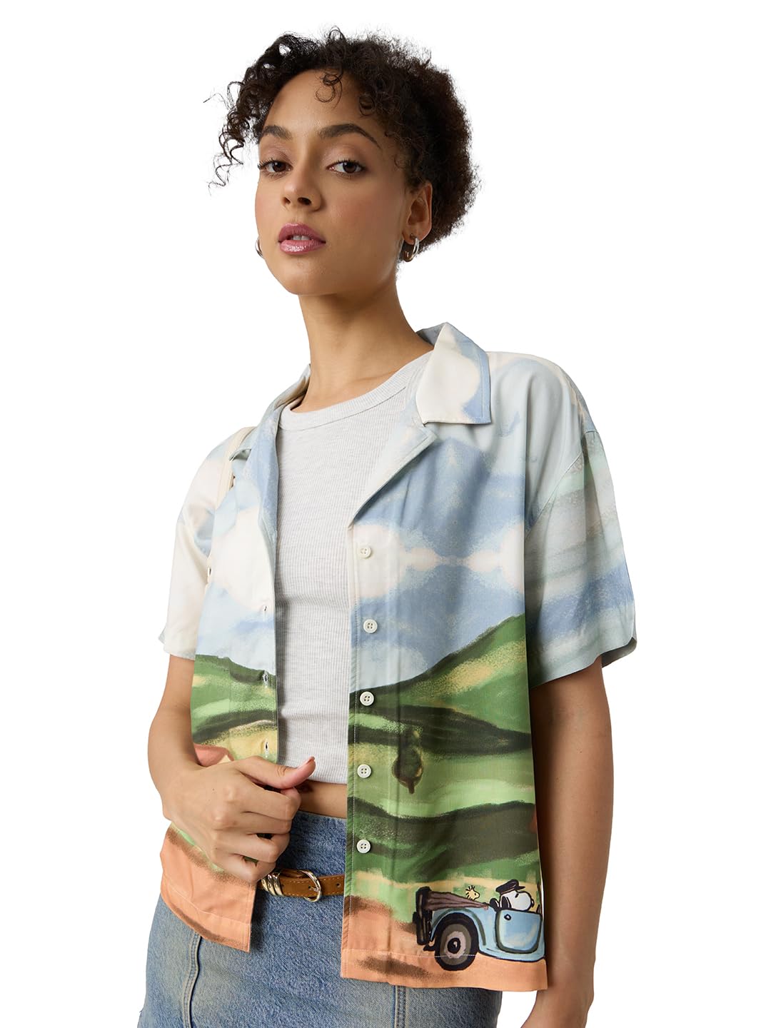 The Souled Store Peanuts: Snoopys Drive-in Women and Girls Short Sleeves Collared Neck Button Front Multicolour Printed Viscose