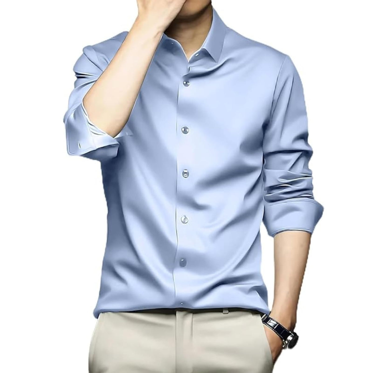Deelmo MenS Stylish Solid Satin Casual Shirt For Men Full Sleeves| Poly Satin Silk Shirt Sky Blue