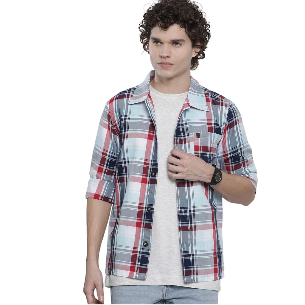 The Indian Garage Co Men Blue Checkered Regular Fit Cotton Casual Over Shirt