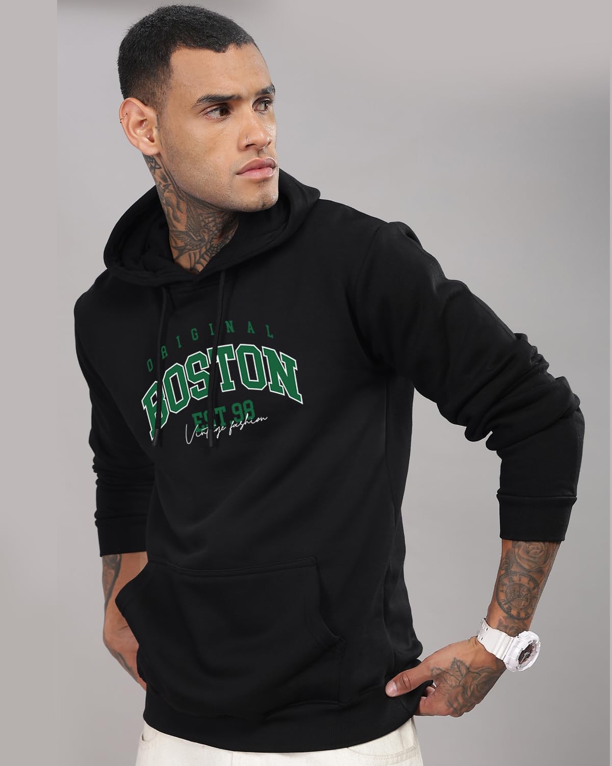 ADRO Men's Cotton Neck Hooded Regular Sweatshirt (H24-BOST-BL_Black, Large