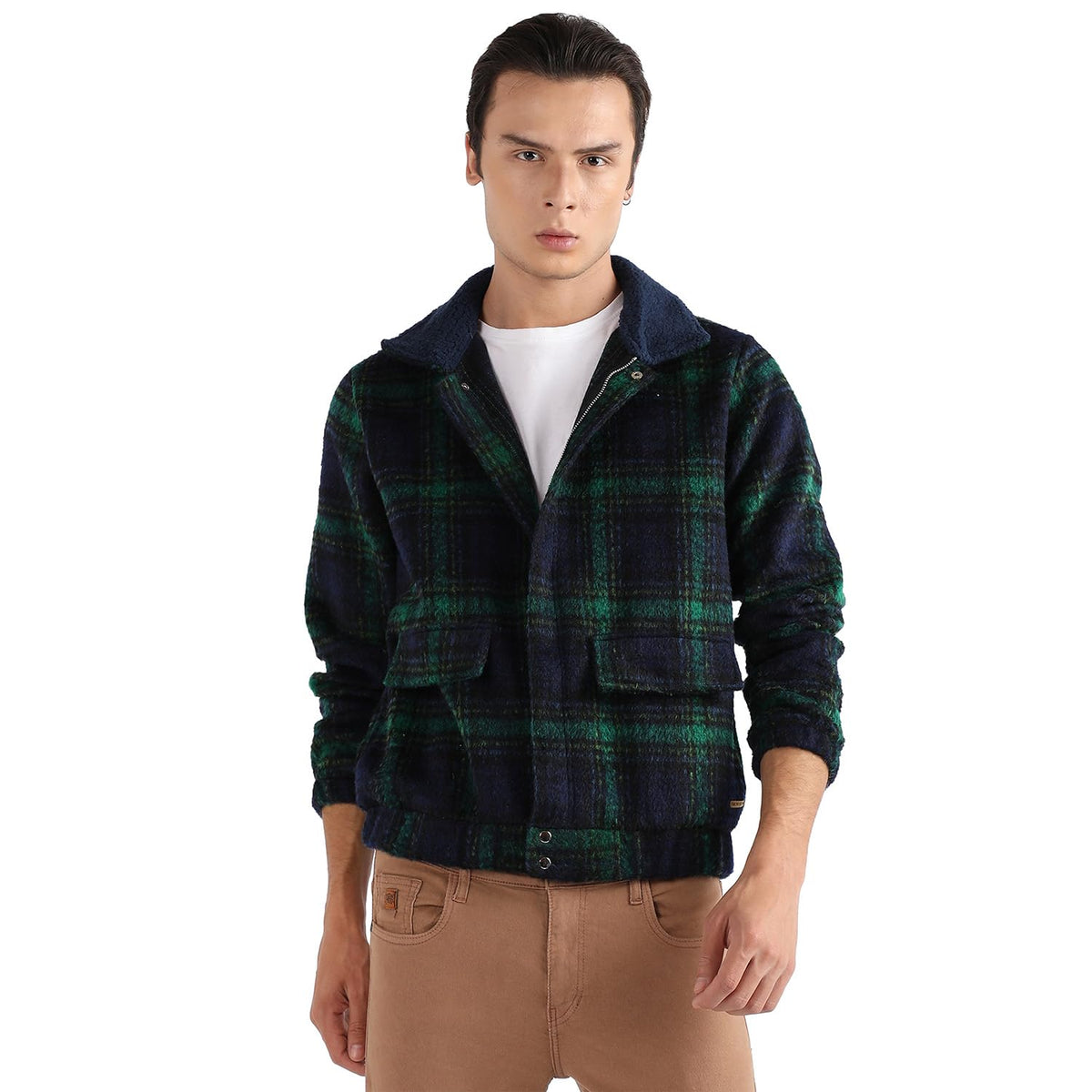Campus Sutra Mens Car Coat (CBAWM23_CSMAWJK6044_Navy Blue:Green
