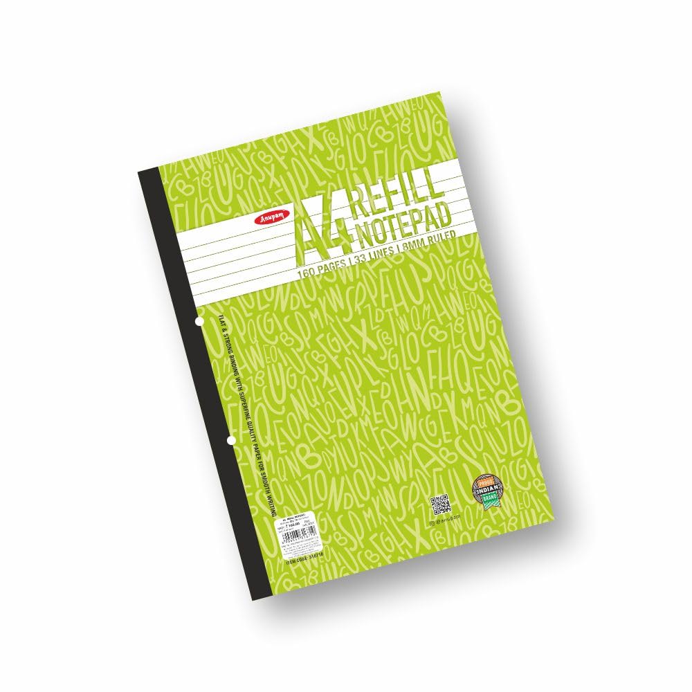 Anupam Refill Writing Notepad A4 Lined Paper Wide Ruled 80 Sheets Notepad, One Side Glue Bound, 2 Hole Punched Notebook with Str