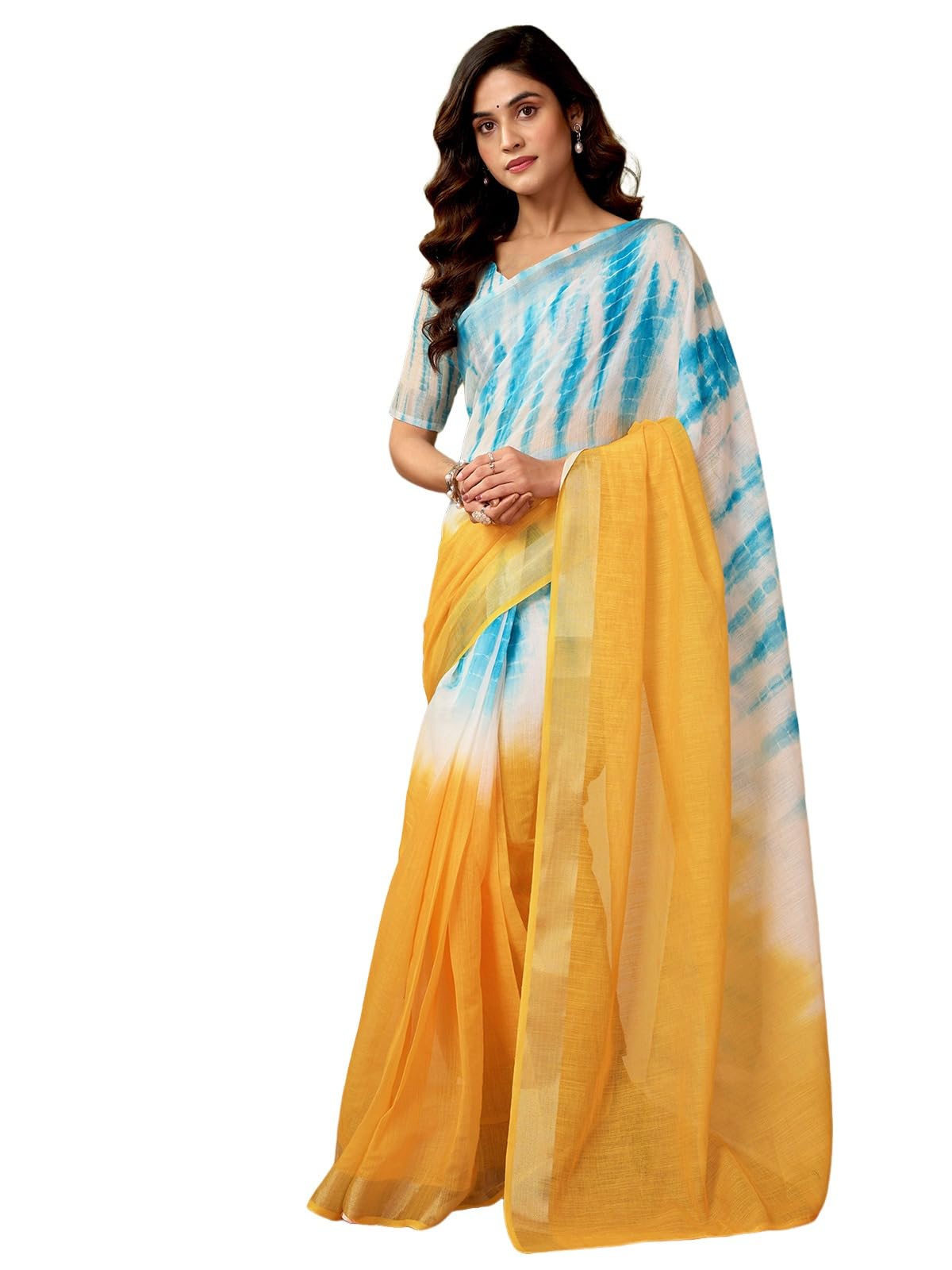 Satrani WomenS Linen Zari Border Printed Ready To Wear One Minute Pre Pleated Readymade Saree With Unstitched Blouse Piece (34R